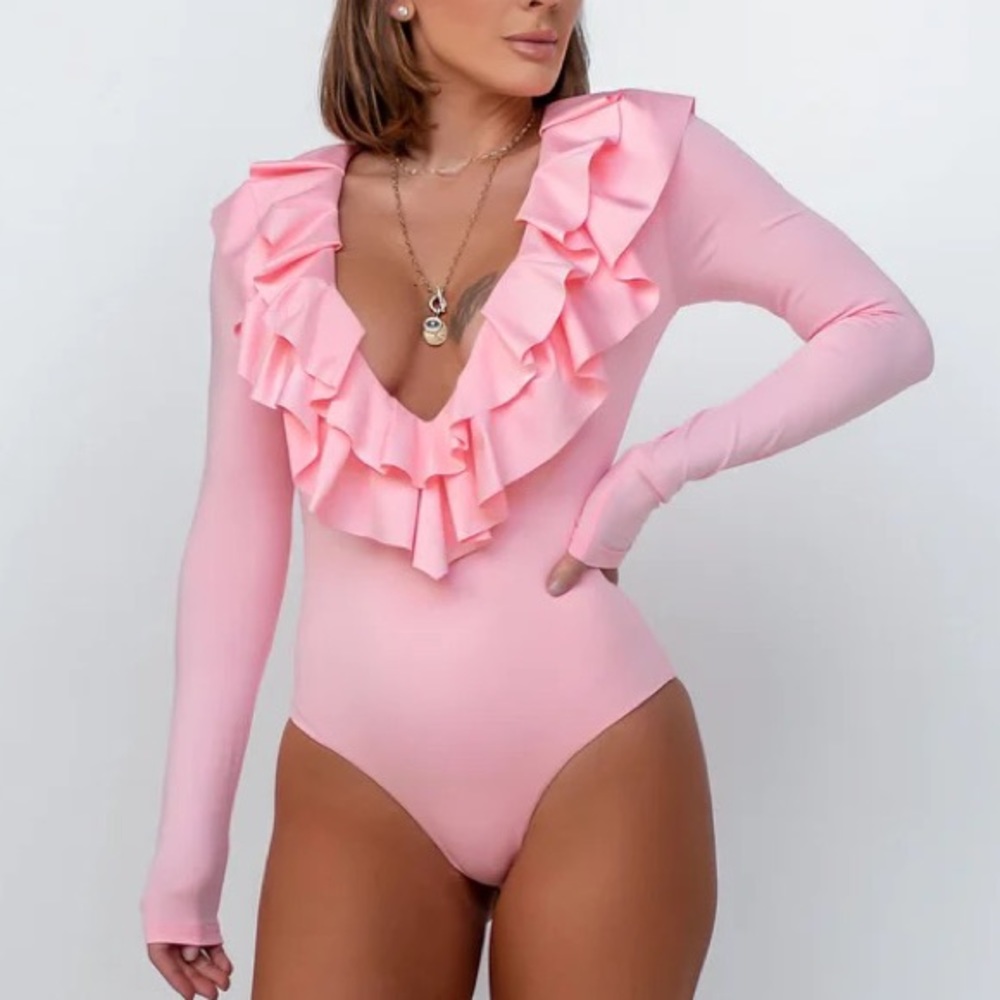 Byegreis Yvonne Bodysuit Pink Ruffle V Neck Small S